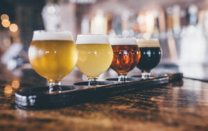 Flight of four craft beers at World of Beer Bar & Kitchen.